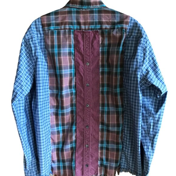 Upcycled Patchwork Button-Down Shirt, Size M-L: Boho Fringed Hem, Mixed Print - Picture 3 of 13
